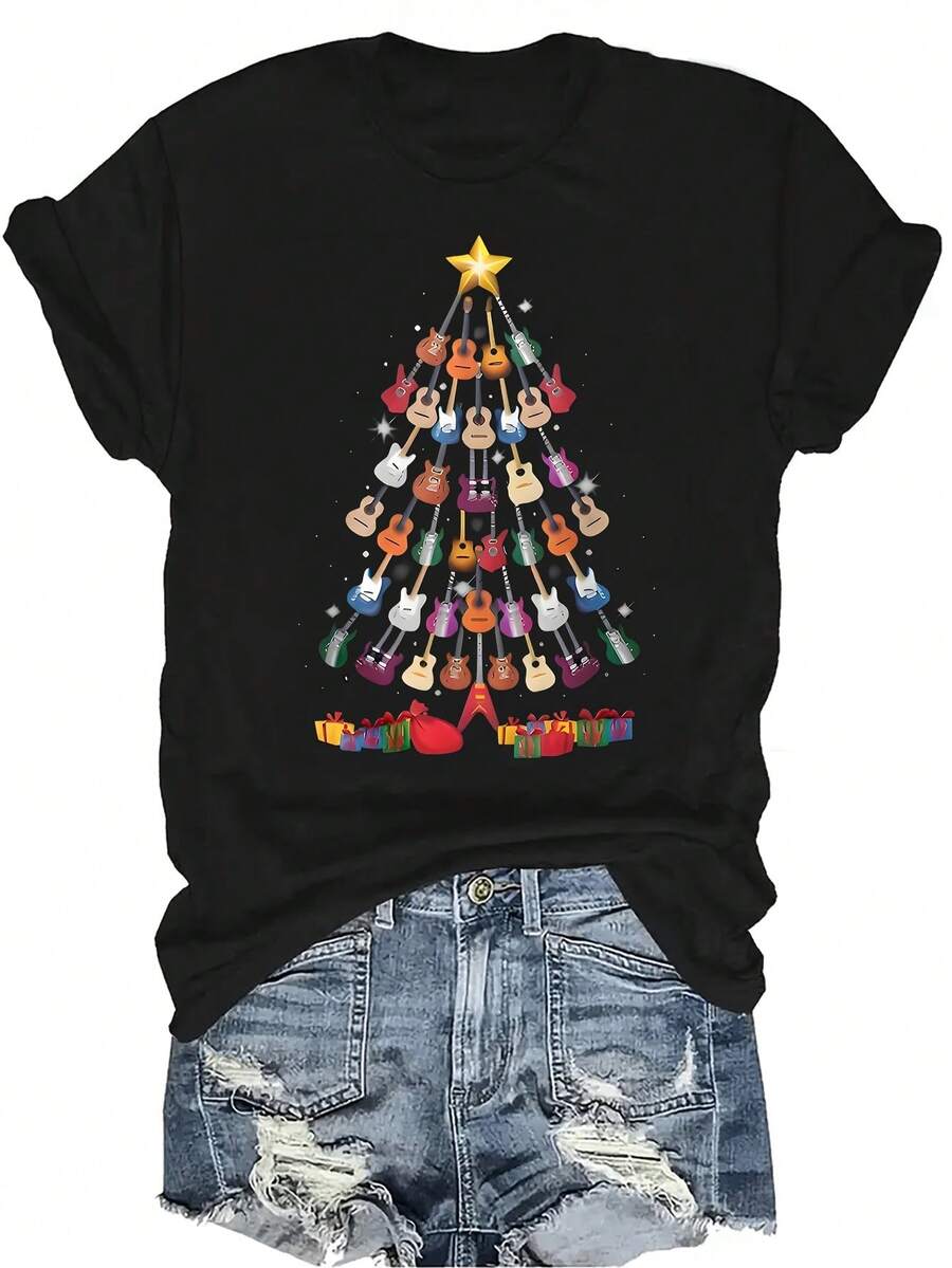 Camiseta de árbol de Navidad con guitarra para mujer y unisex, de verano, casual, transpirable, de personalidad, de cuello redondo, de manga corta, de uso versátil, adecuada para adolescentes y adultos - Negro - Ver 1