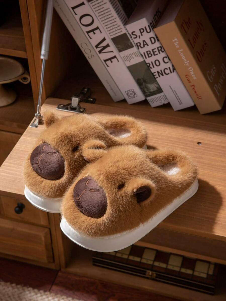 Zapatillas de algodón Capibala para mujer, bolso de otoño e invierno, tacón 2025, nuevo interior, zapatos de algodón de felpa lindos para el hogar - Café integral - Ver 1