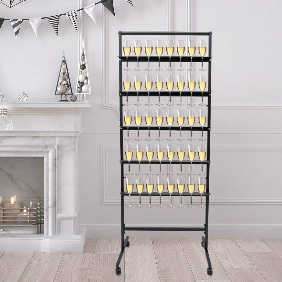 5-Tier Champagne Glass Holder, Steel Champagne Flutes Display Stand, Champagne Wine Glass Holder With Swivel Casters, Champagne Wall Holder For Party, Metal Flutes Display Stand Hold 40 Glasses For Wedding Party Get-Togethers Ceremony Festival Holiday - màu đen - Xem 1