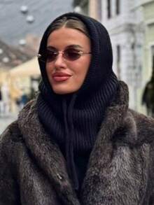 1pc Women's Black Drawstring Hooded Scarf, Outdoor Knitted Face Neck Protective Mask Hat, Warm Hooded Cloak For Winter Cold Weather Skiing Winter Gear Valentines Gift - A - View 1