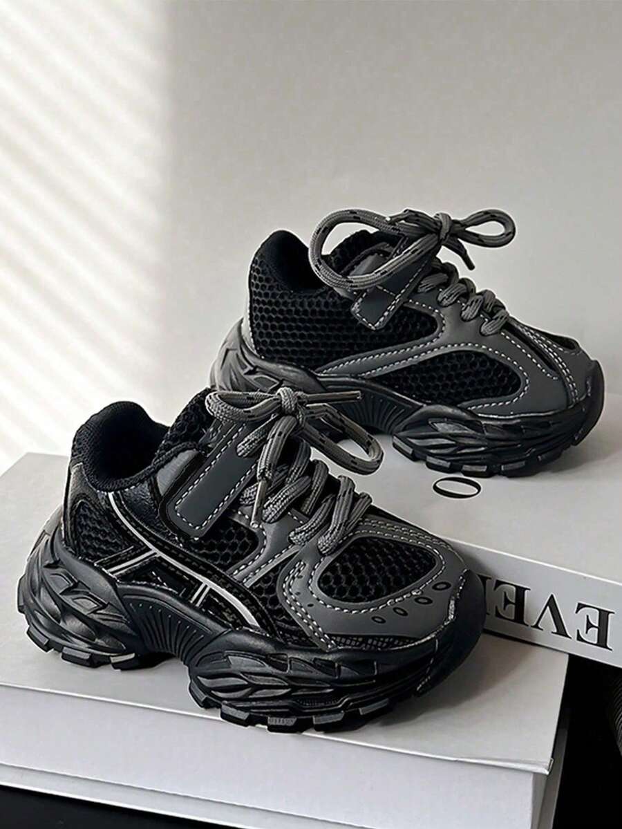 2-13 Years Old Unisex Infant Casual Sports Shoes, Gray Baby Chunky Sneakers, Spring/Autumn 2025 New Leather & Mesh Breathable Soft Sole Comfortable Toddler Walking Shoes, Fashion Sporty Non-Slip Wear-Resistant Indoor/Outdoor Running, Climbing, Playing Lightweight Shock-Absorbing Shoes, Lightweight Breathable Girls Thick Sole Black & Gray Color-Block Personalized Retro Chunky Sneakers, Students Daily Casual Travel Leisure Big Round-Toe Sports Shoes