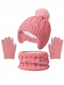 4 件套儿童绒球冬季针织保暖帽、手套、围巾套装，纯色加厚保暖衬里婴儿帽，女童男童针织连帽围脖