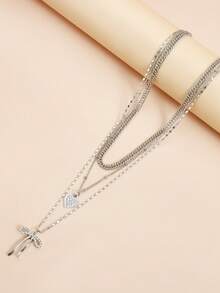 1pc Women's Butterfly & Crystal Heart Pendant Necklace, Multi-Layer Fashionable Sexy Charm Necklace