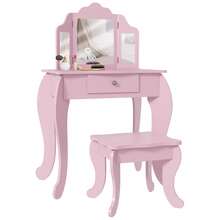 HOMCOM Kids Vanity Table And Chair Set, Girls Vanity Set With Tri-Folding Mirror And Stool, Makeup Dressing Table With Drawer, Pink - Pink - View 2