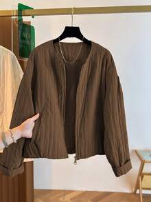 Women's Casual Jacket, Striped Woven Fabric, Pockets With Zipper, Puff Shoulder Design, Oversized Fit, Suitable For Various Figures, High-Quality Solid Color, Simple And Fashionable, Versatile For Daily Commute In Autumn/Winter - Coffee Brown - View 4