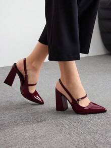 Tacones altos con punta puntiaguda y tacón grueso de color sólido para mujer, elegantes e informales, adecuados para la vida diaria y las citas. - Rojo - Ver 4