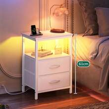 Mesita de noche con estación de carga, mesita de noche LED con 2 cajones de tela y estante de almacenamiento para dormitorio, mesita de noche con puerto USB y enchufe, adecuada para sala de estar / dormitorio - Blanco - Ver 9