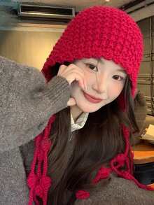 1pc Handmade Hollow-Out Wool Beanie Hat, Women Tasseled Ear Warmer Knitted Cap, Suitable For Christmas And Daily Wear, Autumn/Winter - Multicolor - View 4