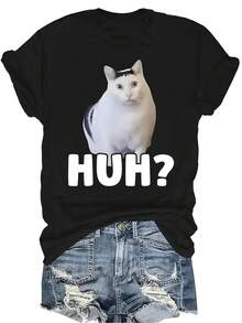 Camiseta con estampado del meme del gato "Huh" para mujer y unisex, de verano, casual, transpirable, de personalidad, de cuello redondo, de manga corta, de uso versátil, adecuada para adolescentes y adultos - Negro - Ver 1