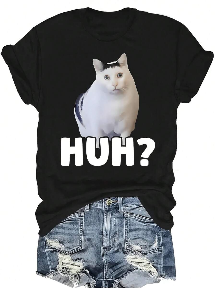 Camiseta con estampado del meme del gato "Huh" para mujer y unisex, de verano, casual, transpirable, de personalidad, de cuello redondo, de manga corta, de uso versátil, adecuada para adolescentes y adultos - Negro - Ver 1