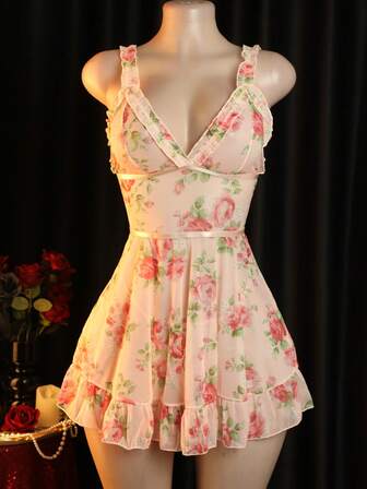 Sexy Lingerie 2 Pieces Set Floral Print Babydoll Dress With Ruffle Hem And Thong – Pink