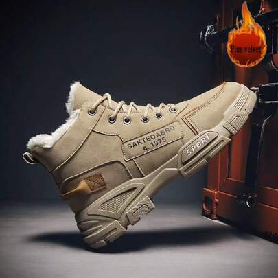 Ghete de zăpadă casual pentru bărbați, pentru exterior - Pantofi sport cu șireturi, negri, cu pernă groasă, cu talpă medie din PU durabilă și talpă din PVC, potriviți pentru purtare zilnică, călătorii și activități în aer liber