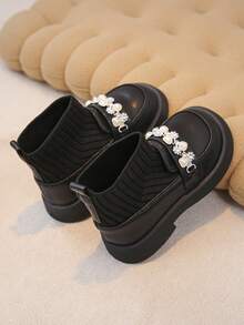 1 Pair Girls Pearl & Rhinestone Decor Knit Comfortable Flat Ankle Boots, Suitable For Daily & Outdoor Wear, Autumn/Winter - Black - View 6