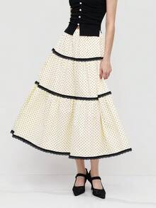 2026 Fall/Winter French Vintage MOOD WOOD High-Waisted Loose Mid-Length Polka Dot Skirt Lace Trim Patchwork Elastic Waist A-Line Skirt Commute & Date Chiffon Long Skirt - 黑色 - 查看 1