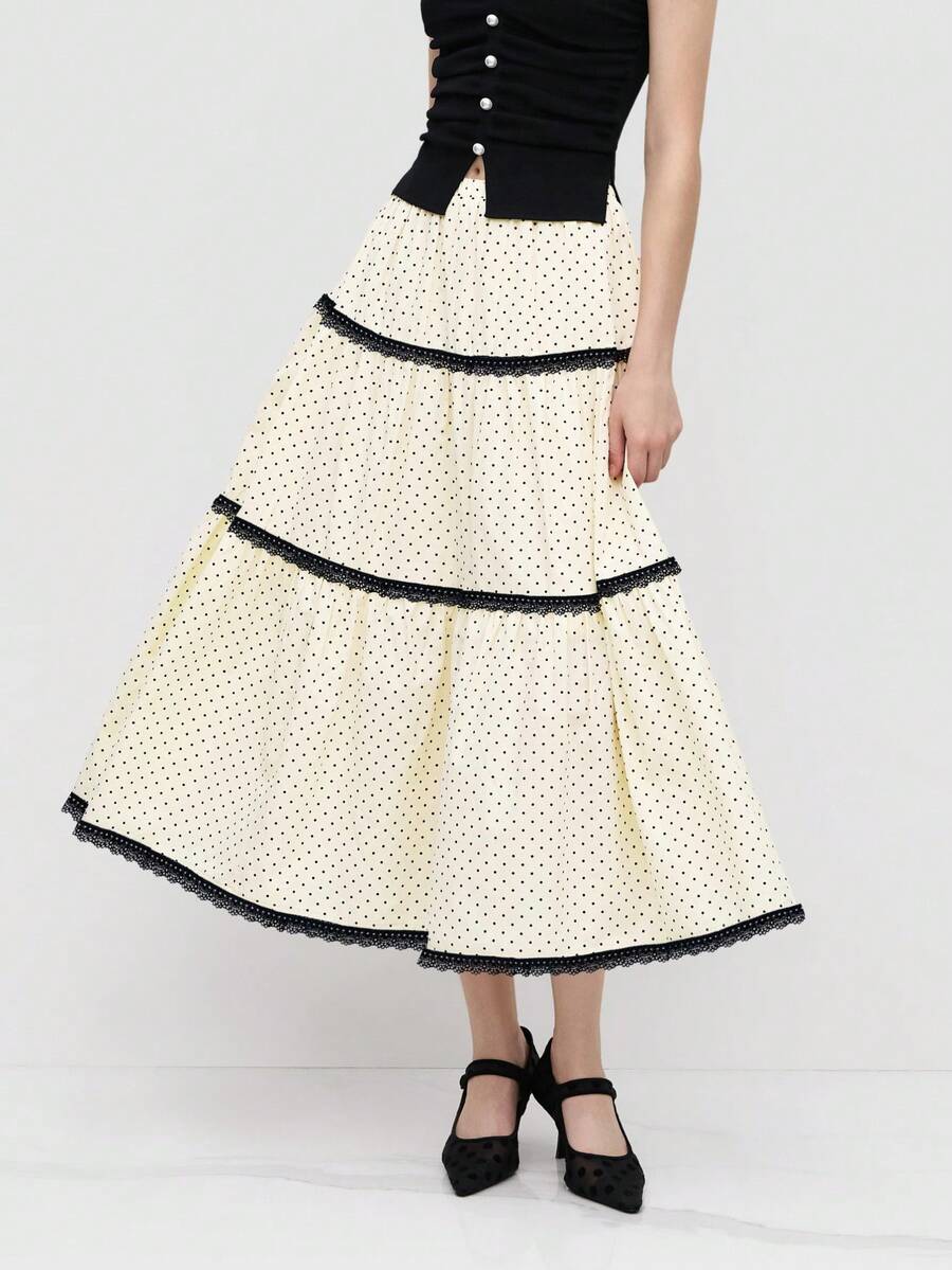 2026 Fall/Winter French Vintage MOOD WOOD High-Waisted Loose Mid-Length Polka Dot Skirt Lace Trim Patchwork Elastic Waist A-Line Skirt Commute & Date Chiffon Long Skirt - 黑色 - 查看 1