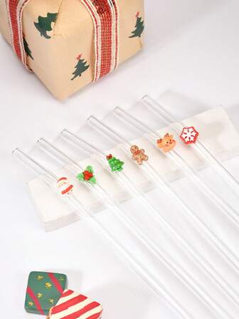 1 件/2 件 [圣诞节] 可重复使用玻璃吸管套装（圣诞老人/驯鹿/雪花/树/姜饼/冬青浆果）| 无铅，适用于鸡尾酒/珍珠奶茶/冰饮 | 非常适合婚礼/派对/野餐 | 带清洁刷的圣诞礼物