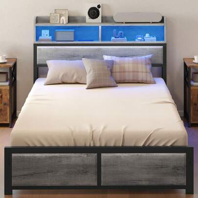Bed Frame 207*137cm, With LED & Storage Headboard, Metal Platform Bed Frame With USB Type C Charging Station Ports Charging Outlets, Grey