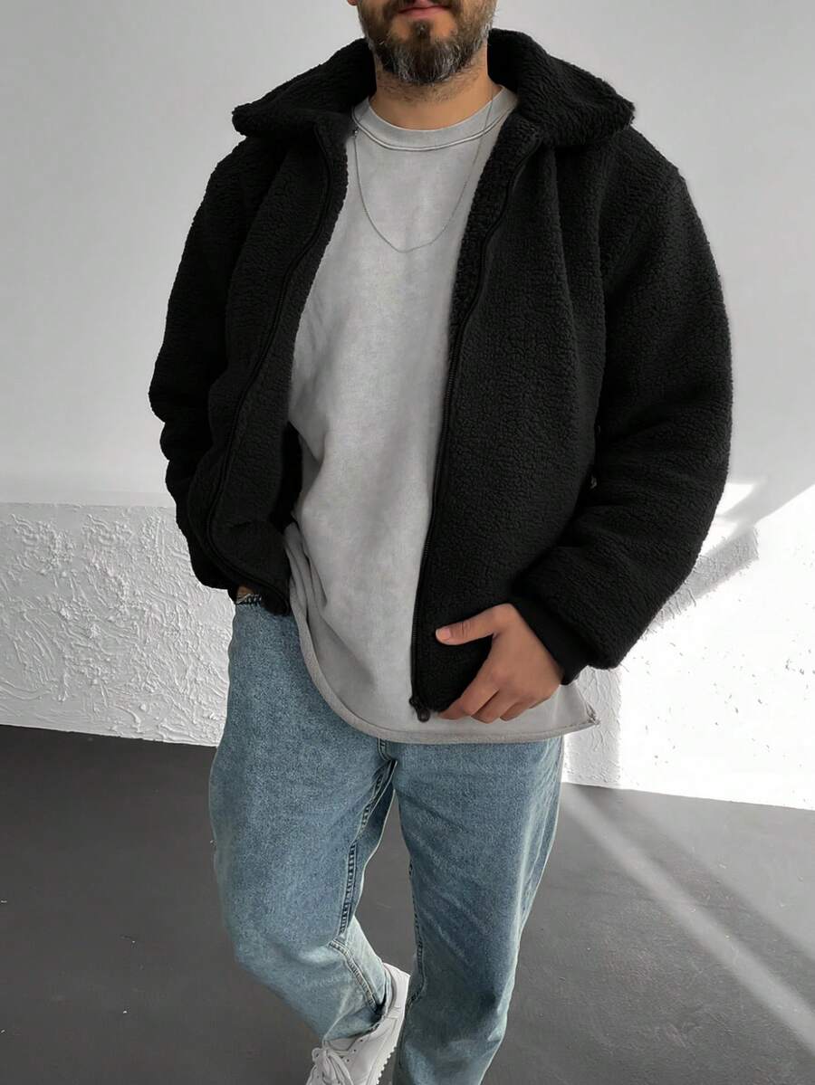 Men's Retro Old Money Style Sheepskin Zipper Jacket Simple Casual Warm And Versatile, Grunge, Fall/Winter