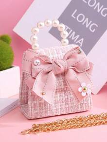 1pc Mini Kids Oversized Fabric Bow Letter Pearl Rhinestone Decor PU Flap Casual Beaded Handbag Girls Fashion Chain Shoulder Crossbody Bag Suitable For Holiday And Daily Outings - Pink - View 5