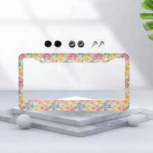 1pc, Vibrant Scandinavian Folk Floral Pattern Aluminum License Plate Frame - Orange, Blue, Green & Yellow Design, Durable & Stylish Tag Holder, Ideal Gift For Family & Friends, Car Accessory |   Decorative License Plate Frame |   Aluminum Frame, Car Decorations, 31*16cm(12.2*6.3inch) - 31*16公分(12.2*6.3吋) - 查看 1