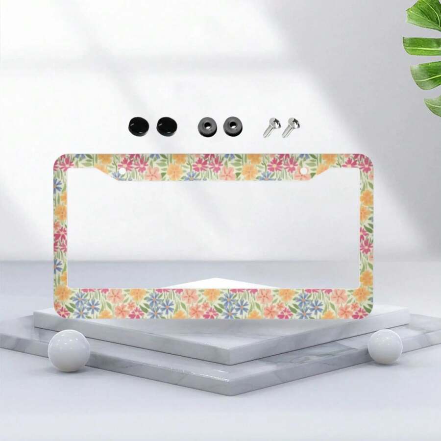 1pc, Vibrant Scandinavian Folk Floral Pattern Aluminum License Plate Frame - Orange, Blue, Green & Yellow Design, Durable & Stylish Tag Holder, Ideal Gift For Family & Friends, Car Accessory |   Decorative License Plate Frame |   Aluminum Frame, Car Decorations, 31*16cm(12.2*6.3inch) - 31*16公分(12.2*6.3吋) - 查看 1