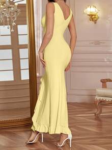 WOWDARK Women's Summer Fashionable Sexy Solid Color V-Neck Ruffle Hem Split Dress, Suitable For Valentine's Day, Dates, Gatherings, Parties, Travel, Vacation, Beach And Other Occasions - 黃色 - 查看 8