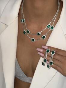 New Arrival Hot Selling Colorful Double-Layer Crystal Necklace & Earrings Set, Bridal Accessories, Party & Evening Fashion Rhinestone Jewelry Set