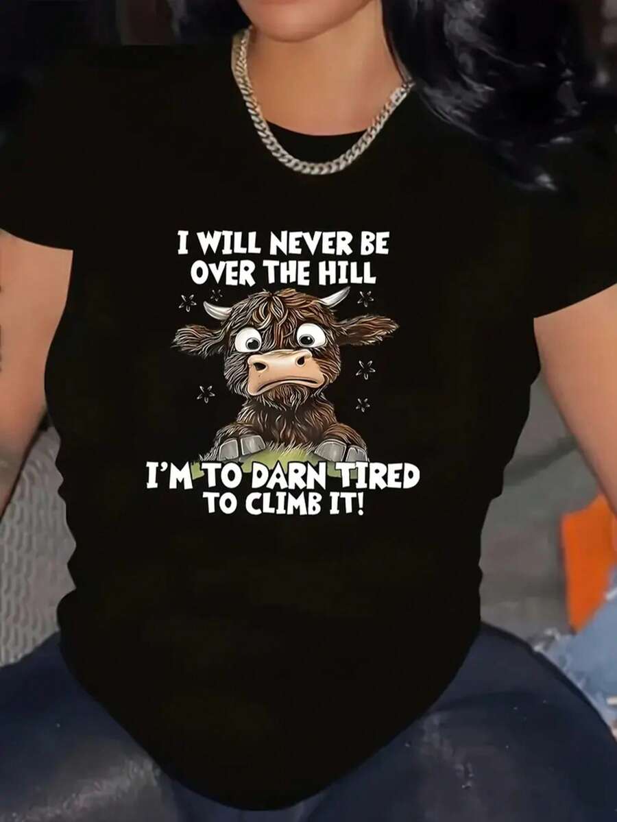 Women'S Plus Size "I Will Never Over The Hill" Cartoon Cow Print T-Shirt - Casual Polyester, Round Neck, Short Sleeve, Comfortable For All Seasons, Machine Washabl - màu đen - Xem 1