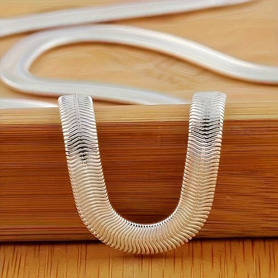 Stylish 925 Sterling Silvery Flat Snake Chain Necklace, 20 Inches, 6mm - Perfect For Weddings And Parties - Silver - View 1