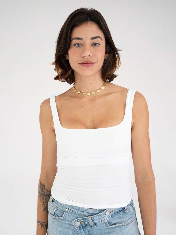 Regata Decote Quadrado Forro Duplo Franzido Lateral Regatinha Alça Grossa Suplex - Branco - Visão 4