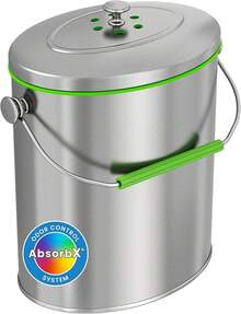 Cubo de compostaje de acero inoxidable de 6 l, incluye sistema de filtro de olor AbsorbX, titanio, libre de óxido, eficiente en el espacio, forma ovalada, 6 litros de basura para encimera de cocina - Papelera de 1,6 G para compostaje - Ver 8