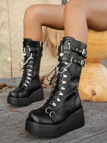 Damskie buty do biegania w stylu punkowym jesień/zima 2025, grube, okrągłe, z bocznym zamkiem błyskawicznym i grubym dnem, czarne, regulowane, płaskie buty z klamrą, damskie wysokiej klasy, do pracy na świeżym powietrzu, lekkie, antypoślizgowe, za kolano