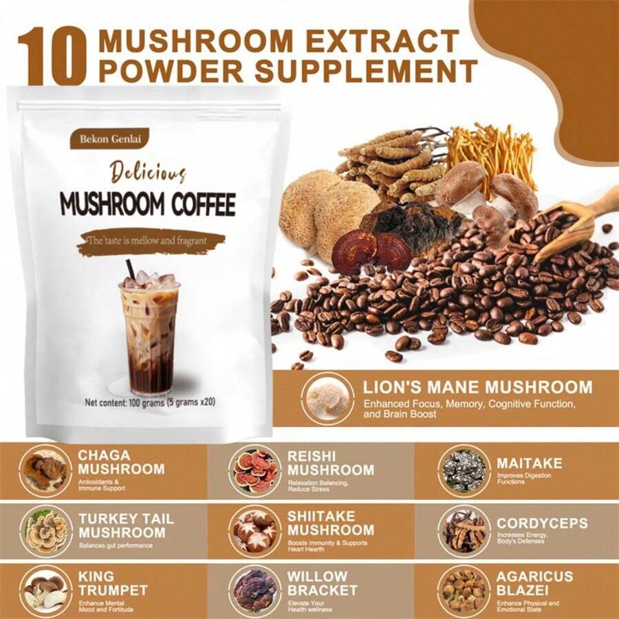 Mushroom Coffee, 11 Superfood Mushrooms, Including Hericium, Reishi, Chaga, And Ashwagandha, Instant Mushroom Coffee For Energy, Memory, Digestion, And Detoxification, Decaffeinated And Sugar-Free, 3.53 Oz / 20 Packets - Multicolor - View 1