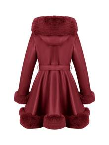 Giolshon Women's PU Leather Jacket With Faux Fur Lining, Hood And Belt - Minimalist Fashion, Suitable For Autumn/Winter - 酒紅色 - 查看 2