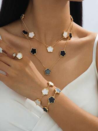 2条经典百搭奢华黑白幸运草项链，2条黑白手链，1枚戒指女士首饰套装