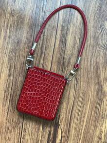 奢华韩式酒红色鳄鱼纹手机壳，配真皮防丢挂绳，兼容三星 Galaxy Z Flip 7、Z Flip 6、Z Flip 5、Z 系列，防震后盖 - 酒紅 - 查看 8