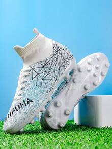 男式足球鞋户外 AG/FG 专业足球鞋轻便透气青少年男孩运动训练运动鞋 - 白色 - 查看 4
