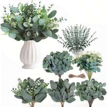 60Pcs,Artificial Greenery Stems Box Set,With 6 Kinds Of Faux Plants And Fake Flowers For DIY Bridal Bouquets Wedding Floral Arrangement Table Centerpieces Decoration (Green) - 綠色 - 查看 1