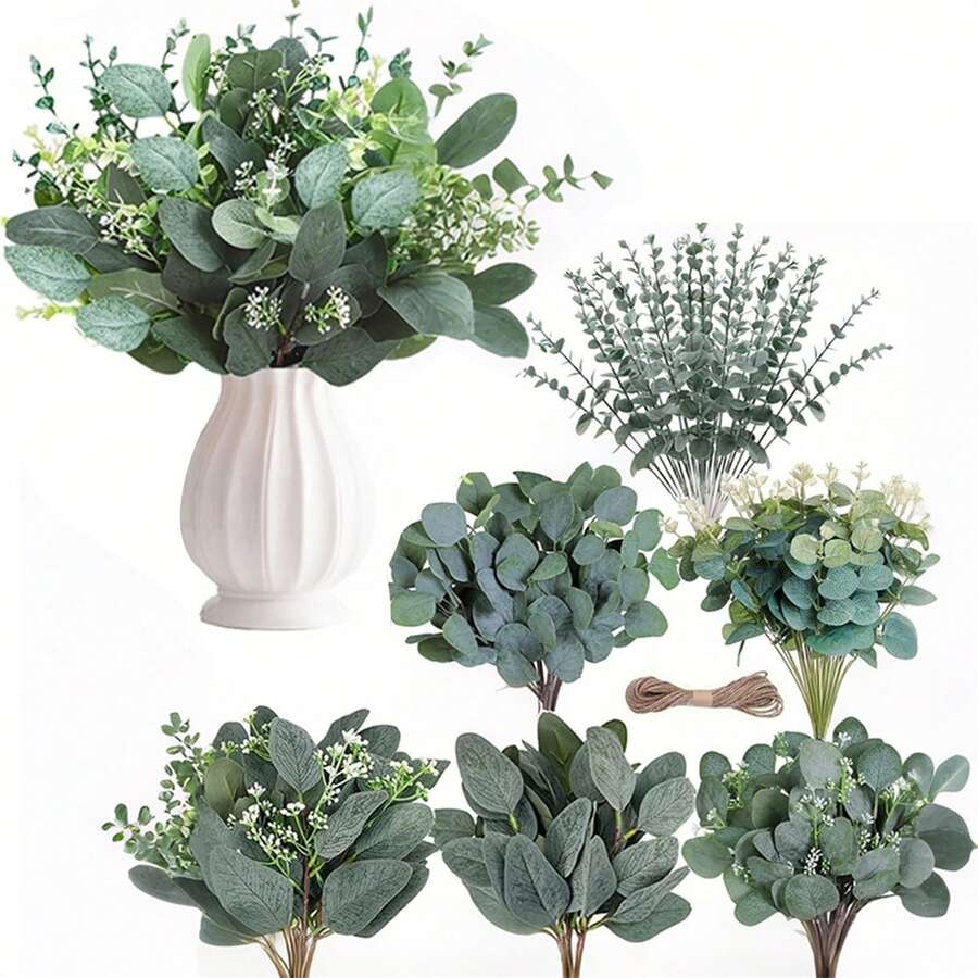 60Pcs,Artificial Greenery Stems Box Set,With 6 Kinds Of Faux Plants And Fake Flowers For DIY Bridal Bouquets Wedding Floral Arrangement Table Centerpieces Decoration (Green) - 綠色 - 查看 1