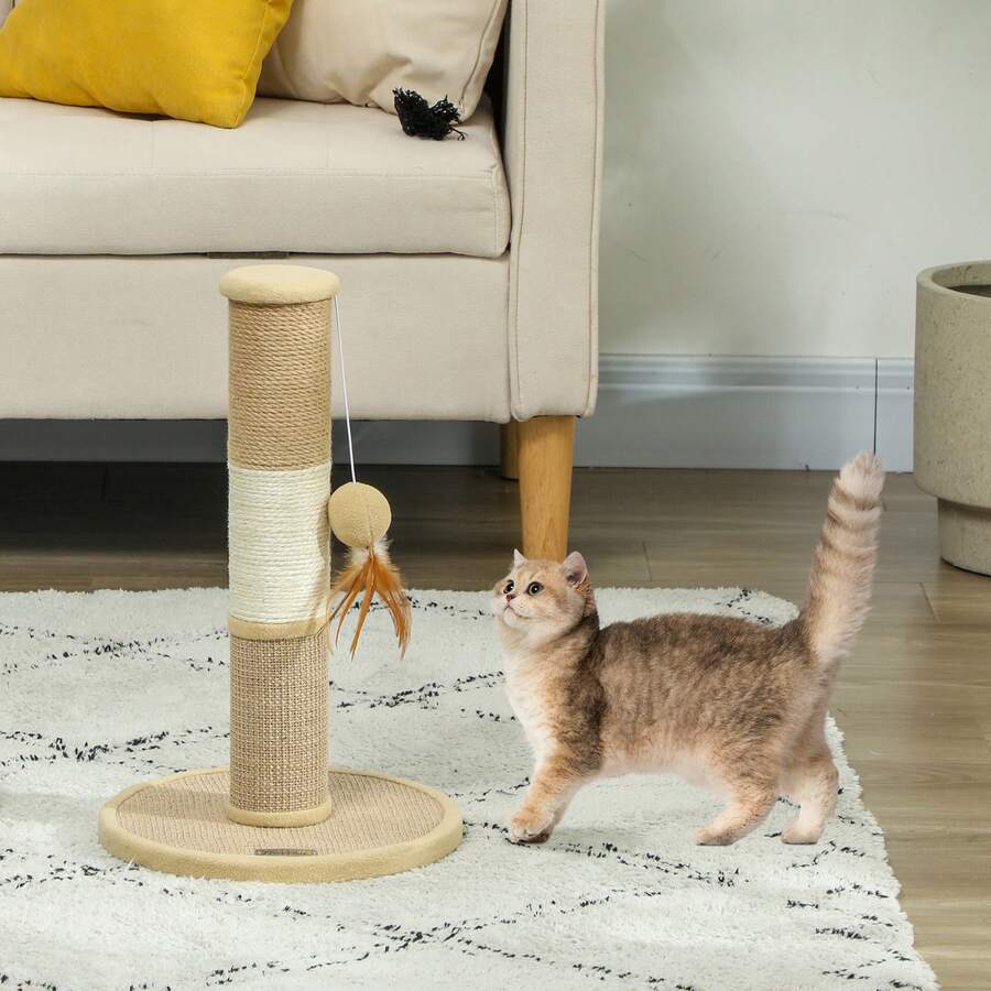 PawHut Cat Scratching Post With Jute Sisal Rope Toy Ball, 47cm, Tall Brown - Brown - View 1