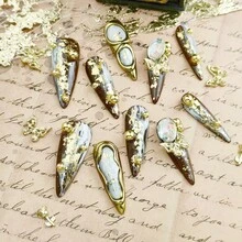 Handmade Shiny Gold Press On Nails - Original Design Luxury 3D Glitter Gold Leaf & Gemstone Long Stiletto False Nails, Reusable Artistic Nail Set For Women (10 Pcs)