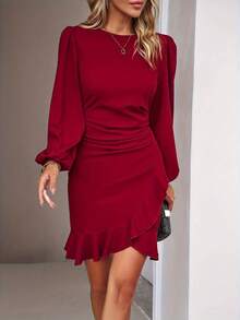 Women Long Sleeve Crew Neck Front Ruffled Imported Crepe Dress , 19117