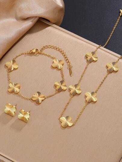 1pc/4pcs Cross-Border Hot Selling Four-Leaf Clover Necklace Set For Women, New Necklace, Earrings, Bracelet, Choker Personalized Jewelry Set