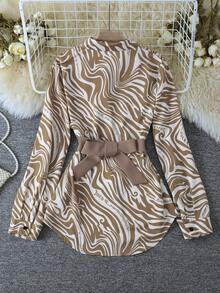 Women's Fashion Commuter 2 In 1 Zebra Print Patchwork Shirt Spring - Brown - View 2