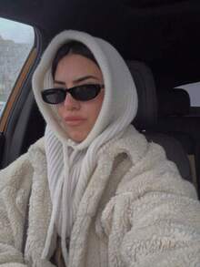 1pc Women's Black Drawstring Hooded Scarf, Outdoor Knitted Face Neck Protective Mask Hat, Warm Hooded Cloak For Winter Cold Weather Skiing Winter Gear Valentines Gift - A - View 4