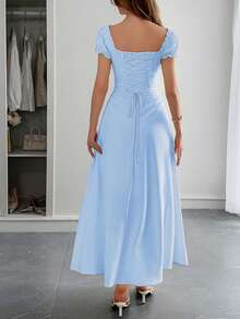 PoPoHouse 女士优雅连衣裙，纯色波西米亚度假风，低领露肩设计，后背系带细节，打造休闲宽松的沙滩裙造型，适合春夏及各种场合。 - 藍色 - 查看 2