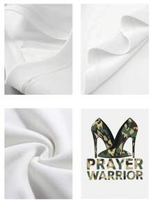 Camiseta Tops casuales de mujer con estampado de zapatos de tacón y texto 220 g de algodón puro grueso y cómodo - Blanco - Ver 4