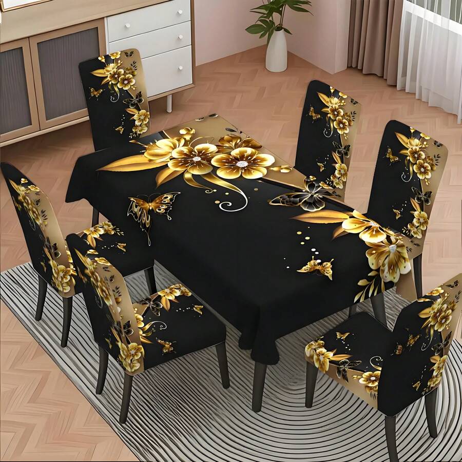 4/6/5/7 Pcs Classic Floral Pattern Black & Gold Chair Covers And Tablecloth Set, 4 Pcs (4 Chair Covers), 6 Pcs (6 Chair Covers), 5 Pcs (1 Tablecloth + 4 Chair Covers), 7 Pcs (1 Tablecloth + 6 Chair Covers), Suitable For Indoor/Outdoor, Home Gatherings, Holiday Table & Chair Decor, Reusable - Multicolor - View 1