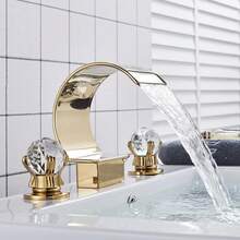 High Arc Waterfall Bathroom Faucet 3 Hole 2 Handle Crystal Knobs Vanity Basin Mixer Tap 8-Inch&Upwards Widespread Bathtub Filler Faucet Polished Sliver/Nickel/Black/Gold Bathroom Sink Faucet - Gold - View 1