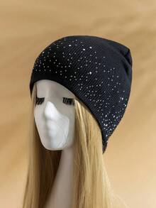 1pc Dual-Sided Rhinestone Decor, Simple & Fashionable, Sparkling Women's Beanie Winter Fall - 黑色 - 查看 4